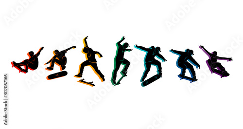 Skate people silhouettes skateboarders colorful vector illustration background extreme skateboard, skateboarding	