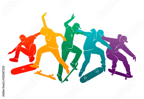 Skate people silhouettes skateboarders colorful vector illustration background extreme skateboard, skateboarding	