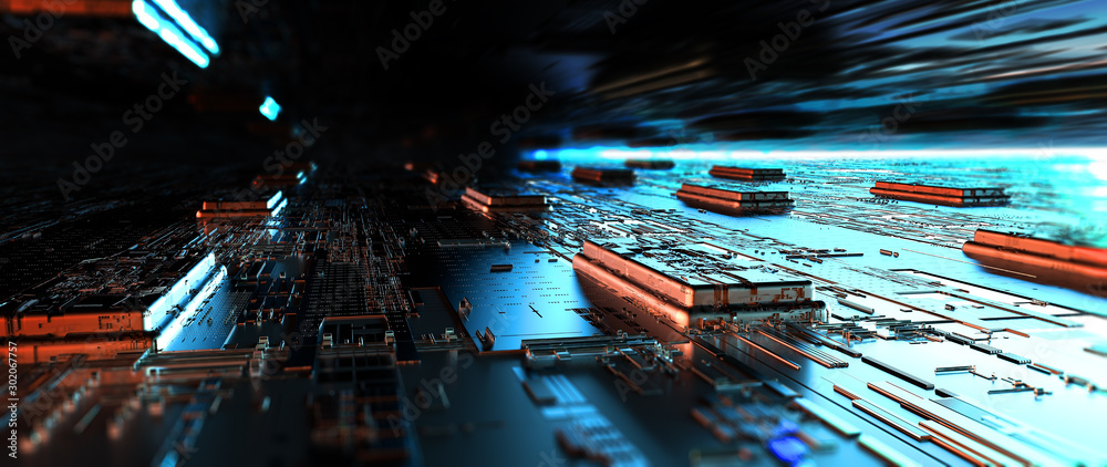 Printed circuit board futuristic server/Circuit board futuristic server code processing. Orange, green, blue technology background with bokeh. 3d rendering