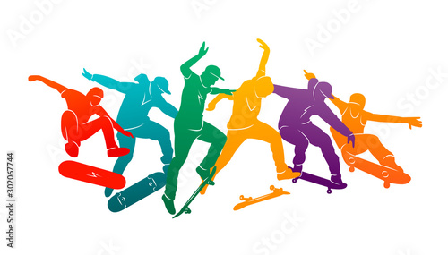 Skate people silhouettes skateboarders colorful vector illustration background extreme skateboard, skateboarding	