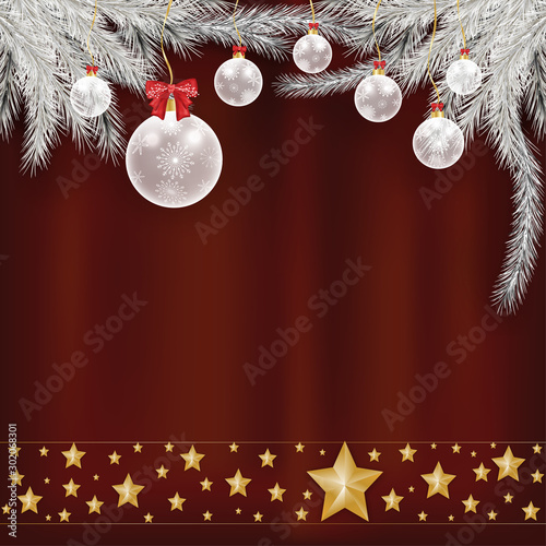 Vector winter background with various white Chritsmas balls and border yellow gold star on red garnet backgroud, Elegant Christmas background with snowflakes and copy space for text.