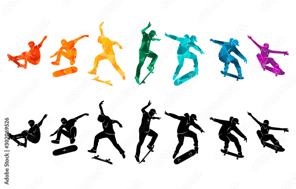 Skate people silhouettes skateboarders colorful vector illustration background extreme skateboard, skateboarding	