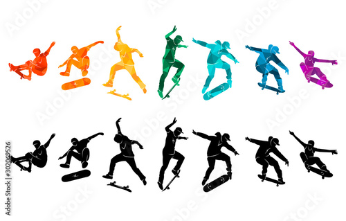 Skate people silhouettes skateboarders colorful vector illustration background extreme skateboard, skateboarding	 photo