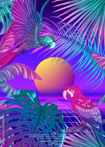 ..Retro Futurism. Vector futuristic synth wave illustration. Rave party Flyer design template, background with tropical plants and birds in 1980s style. 80s Retro poster, retrowave