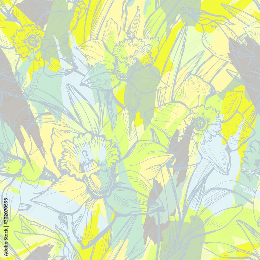 custom made wallpaper toronto digitalGentle floristic seamless pattern with contours of flowers and leaves Narcissus, Daffodils on picturesque colorful background. Hand drawn outline sketch with chaotic brush strokes of glad colors.