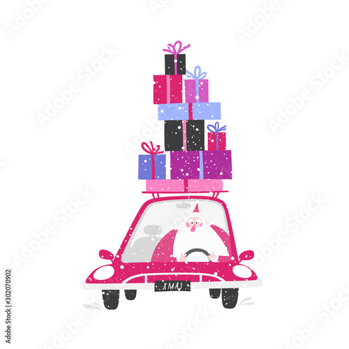 Vector illustration of Santa Claus driving a red car with Christmas gift boxes isolated on white background