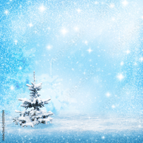 View of christmas trees through snow. Blue sky snowflakes trees and blizzard.New year Winter art design, Christmas scene holiday border. © 151115