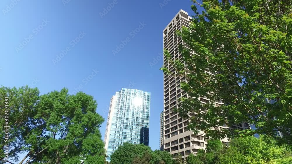 Tall office buildings with blue skies, greenery and copy space.