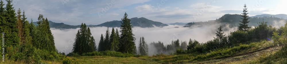 Misty landscape. Morning fog sunrise high in the Carpathian mountains. Ukraine. Panorama