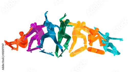 Skate people silhouettes skateboarders colorful vector illustration background extreme skateboard, skateboarding	