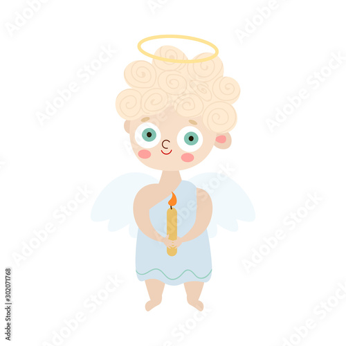 Kid angel with wings and halo holding candle vector illustration