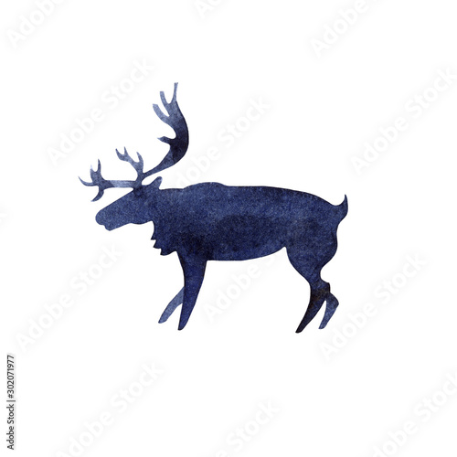 Watercolor silhouette of blue reindeer