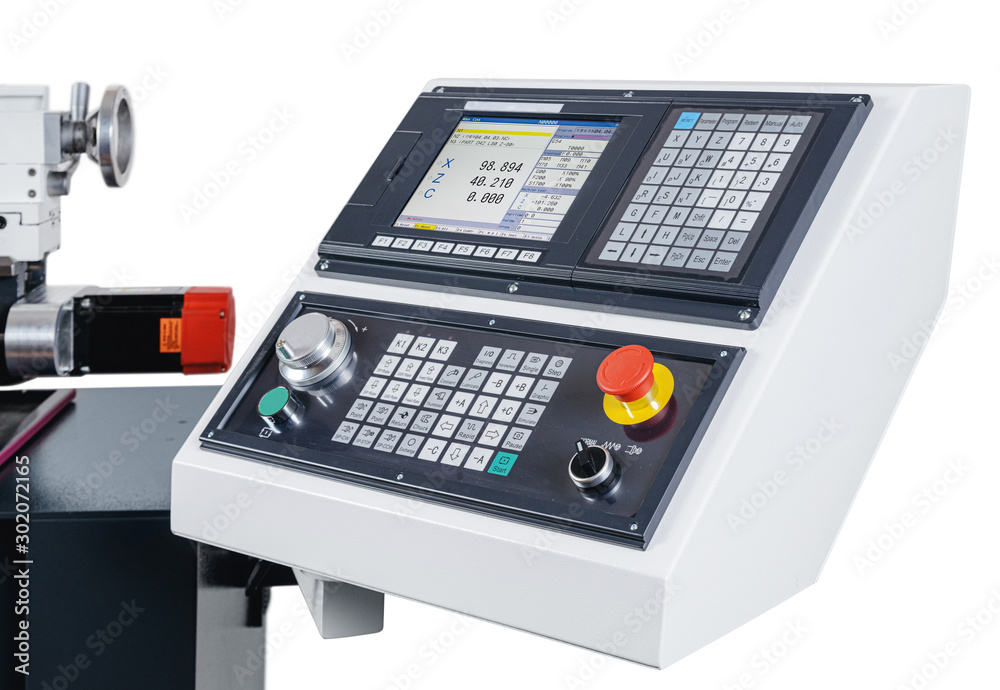 Control panel of manufacturing CNC professional lathe machine isolated on a white background. Industrial concept.