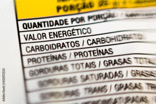 In this photo illustration a label on a product with the nutritional information (calories, carbohydrates, protein and fat) - Text in portuguese - Concept of healthy living and health photo