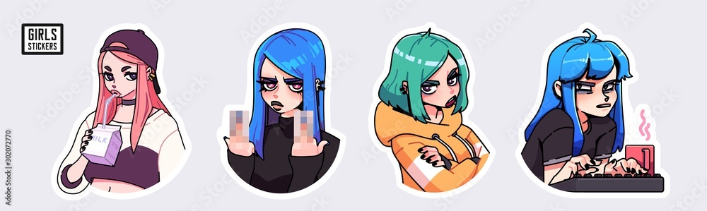 Fototapeta premium A set of cute stylish girls stickers in various clothes doing different activities with different expressions. Vector stickers or badges