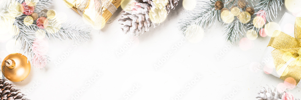 Christmas background with fir tree and decorations on white. - obrazy, fototapety, plakaty 