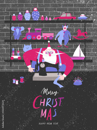 Vector illustration of Santa Claus using a sewing machine to prepare for Christmas. Merry Christmas and Happy New Year greeting card.