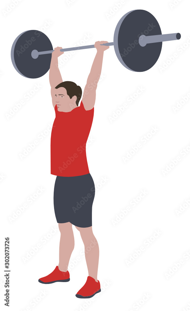 Obraz premium Sports man training shoulder push press and thruster snatch workout. CrossFit sport exercise. Healthy active fitness body shape motivation.