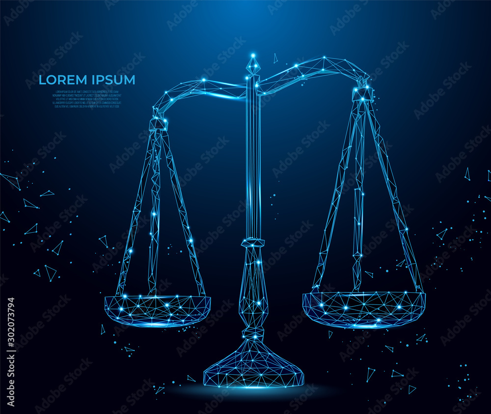 Scale balance justice. Business equality. Concept of law.  Polygon vector wireframe concept.  mesh art.