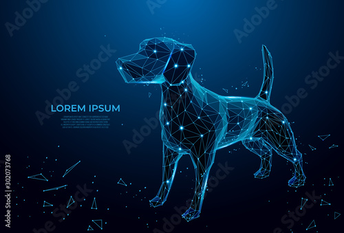 Futuristic dog. Cute funny dog form lines and triangles on blue background. Polygonal wireframe puppy on blue night sky with dots and stars. Polygonal wireframe mesh art, poly low. 