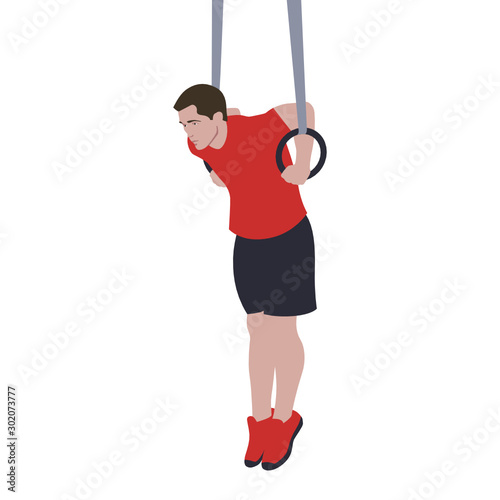 CrossFit workout training for open games championship. Sport man training ring muscle up athletic gymnastics exercise in the gym for healthy beautiful body motivation.