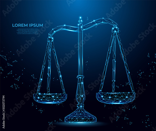 Scale balance justice. Business equality. Concept of law.  Polygon vector wireframe concept.  mesh art.