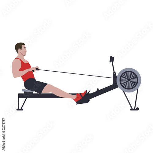 Muscular sportsman training on the rowing machine concept. CrossFit workout. Healthy fitness body shape man motivation.