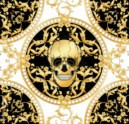 Seamless floral pattern, background In baroque style with human skull in gold white and black colors vector illustration
