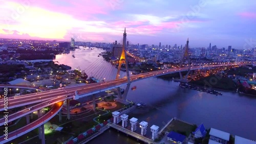 aerial view of bhumibol bridge and chaopraya river in bangkok thailand