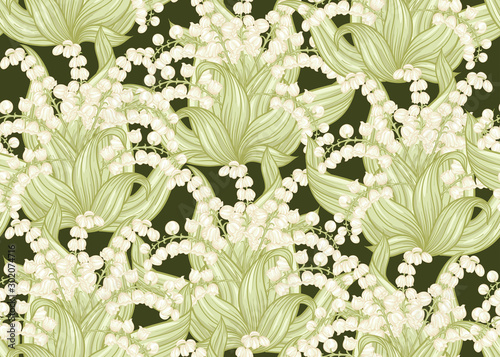 Lily of the valley, may-lily Seamless pattern, background. Vector illustration. In art nouveau style, vintage, old, retro style. on army green background..