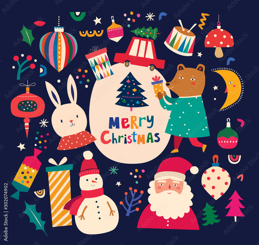 Fototapeta premium Christmas decorative illustration in vintage style with funny bear and snowman