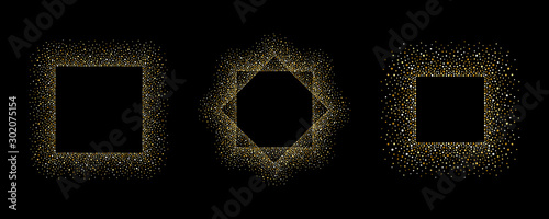 Golden dot frames set, collection. Glittering tiny spangles, uneven dots, blobs, hand drawn splash, gold spray, sparks, beads square frame with space for text. Rectangle, polygon shape background.