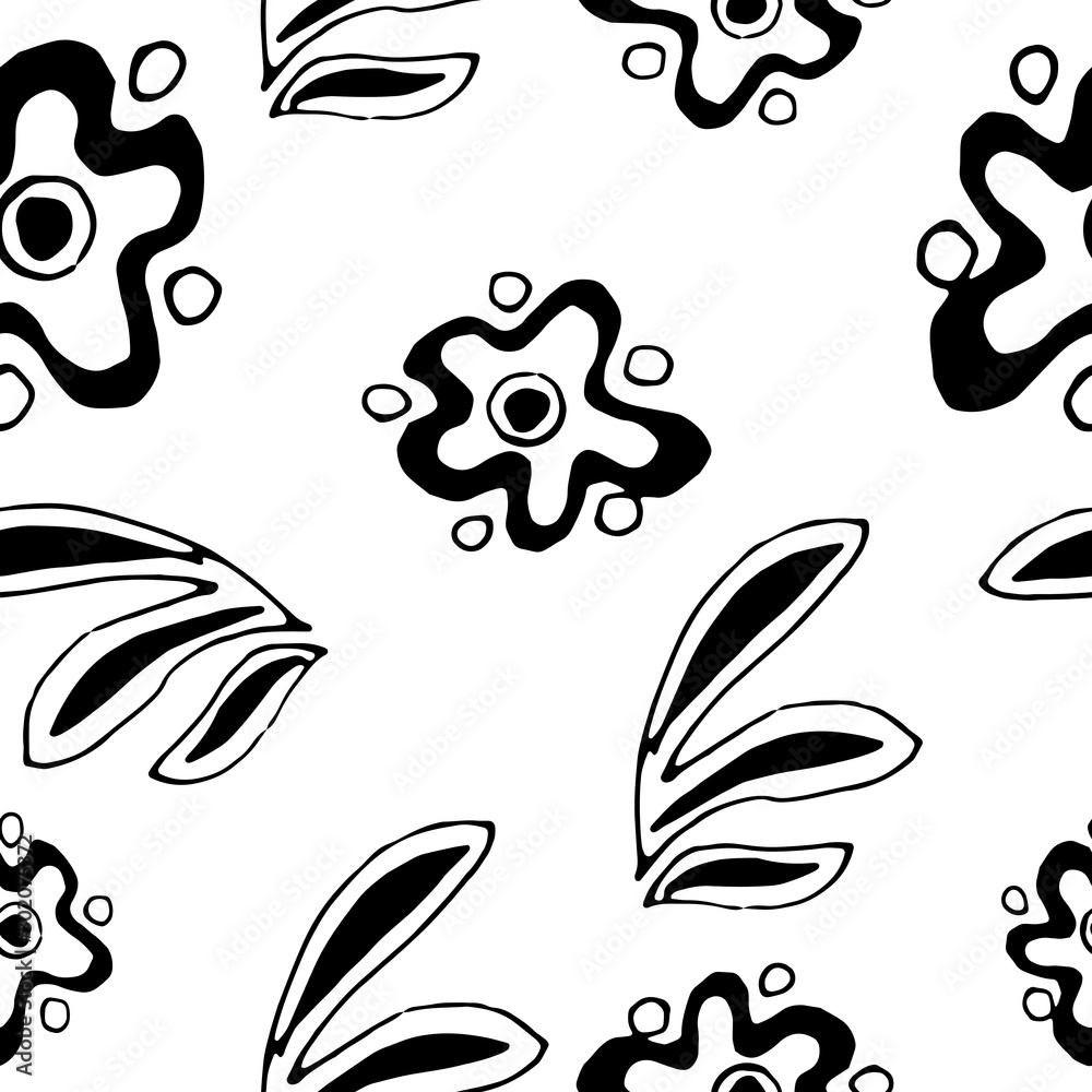 Abstract vector illustration. Flowers. For print, design, back surface, textile, packaging, canvas. Black and white hand drawn vector illustration. Seamless patterns.