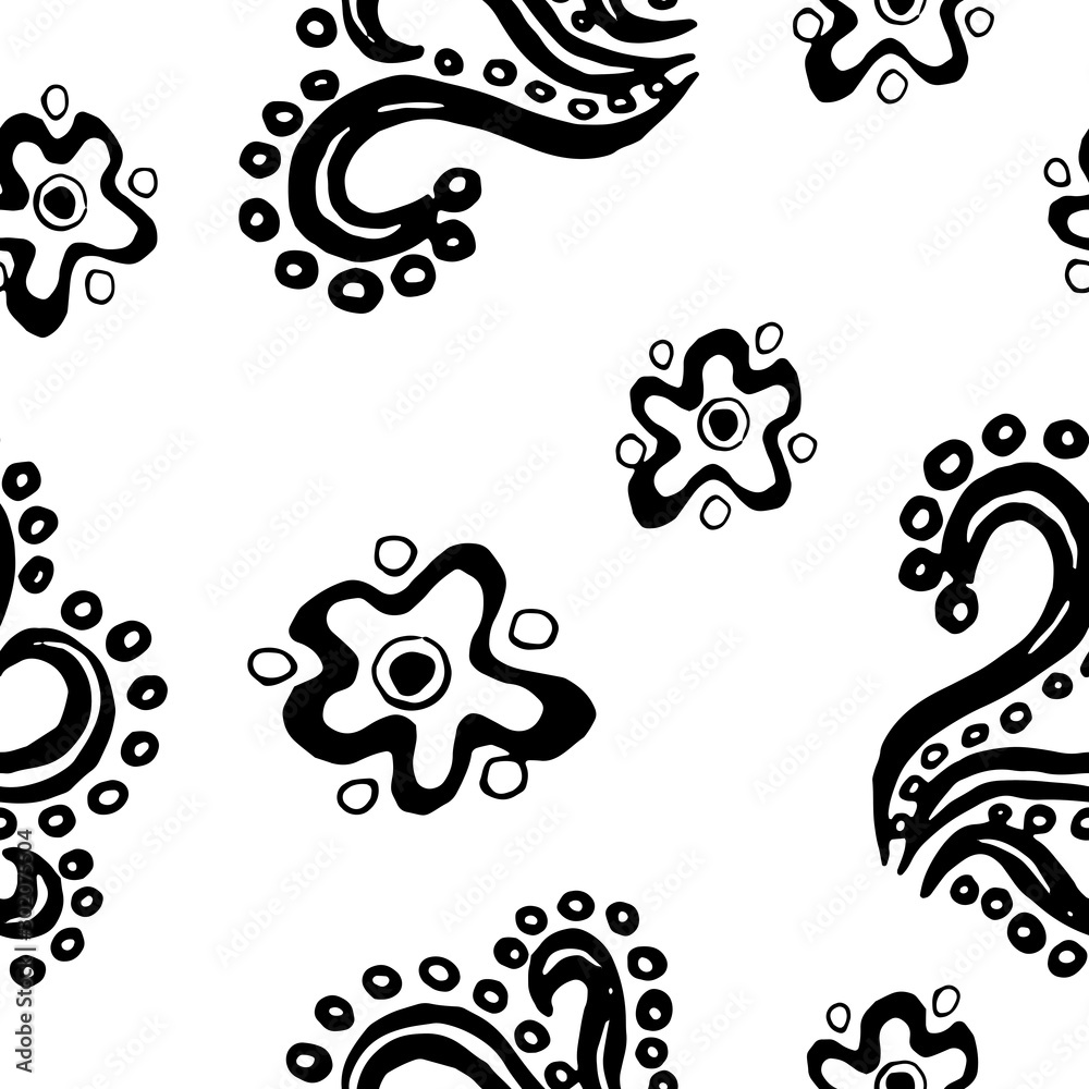 Abstract vector illustration. Flowers. For print, design, back surface, textile, packaging, canvas. Black and white hand drawn vector illustration. Seamless patterns.