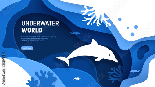 Underwater world page template. Paper art underwater world concept with dolphin silhouette. Paper cut sea background with dolphin, waves, fish and coral reefs. Craft vector illustration