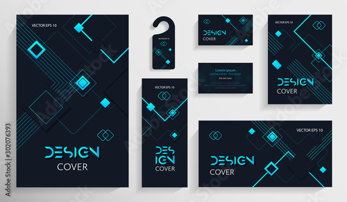 Set of trendy neon style brochures. Sparkling square shapes, carbon navy blue background. Luxurious bright neon lines with a metallic style effect. EPS10 vector illustration.