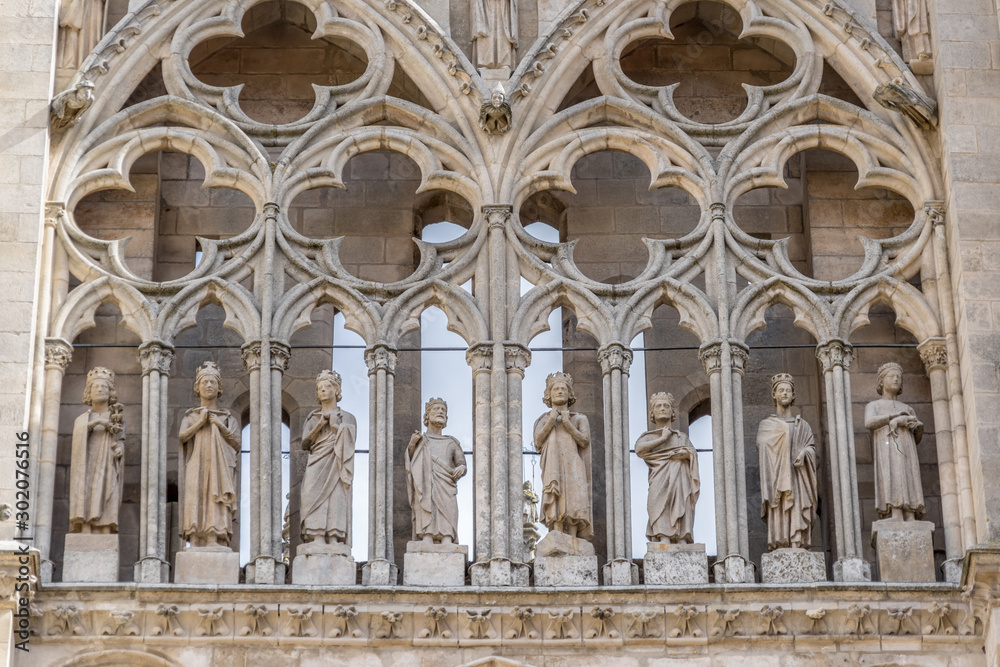 Detail of statues and arches in Cathedral of Saint Mary of Burgos (Santa Maria de Burgos) exterior. Declared UNESCO World Heritage Site. Castile and Leon, Spain