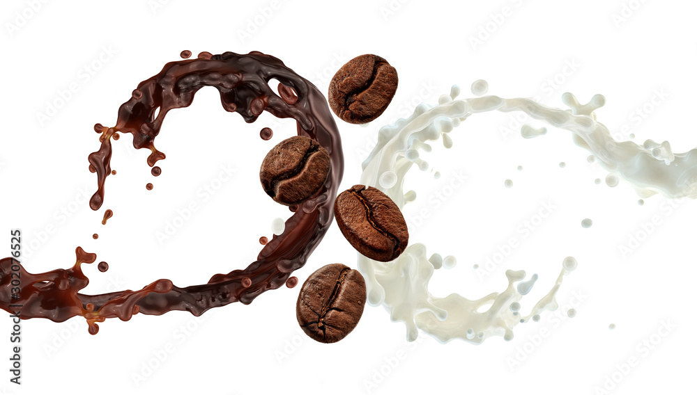 Black coffee, espresso, americano, liquid melted chocolate, arabica coffee beans, milk swirl 3D