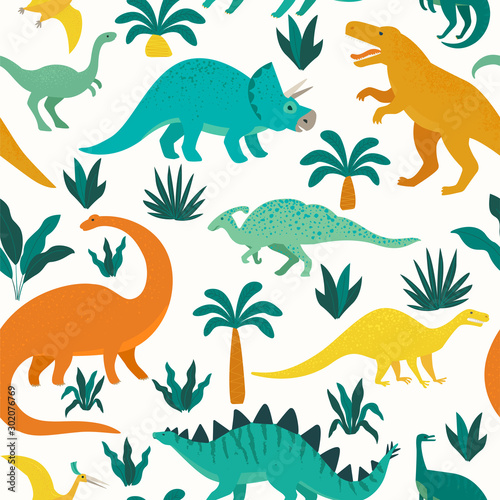 Fototapeta Naklejka Na Ścianę i Meble -  Hand drawn seamless pattern with dinosaurs and tropical leaves and flowers. Perfect for kids fabric, textile, nursery wallpaper. Cute dino design. Vector illustration.