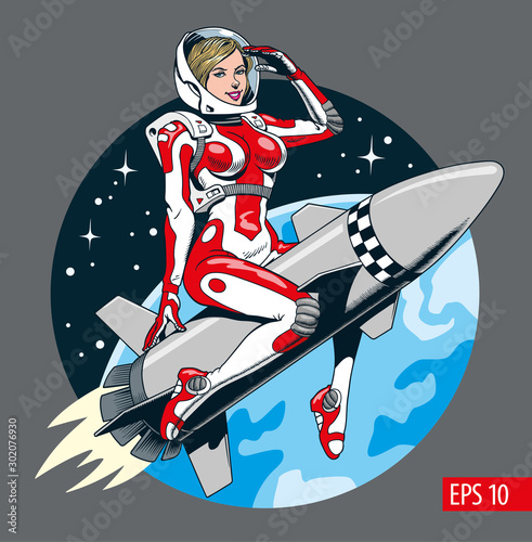Comic style sexy astronaut woman in space suit and helmet riding a missile. Vector illustration.
