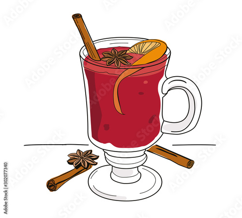 Spiced hot mulled wine winter drink, hand drawn isolated, editable vector illustration