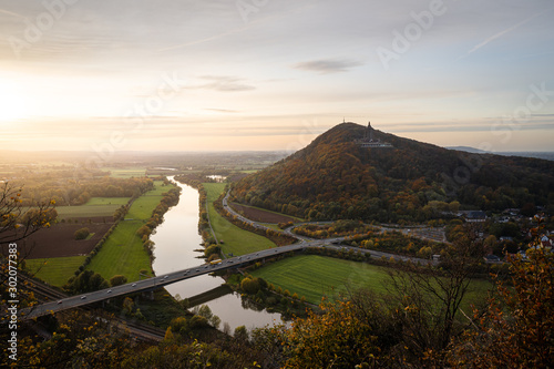 Blick von der Porta Kanzel auf das Weserbergland bei Sonnenuntergang, Porta Westfalica, Deutschland photo