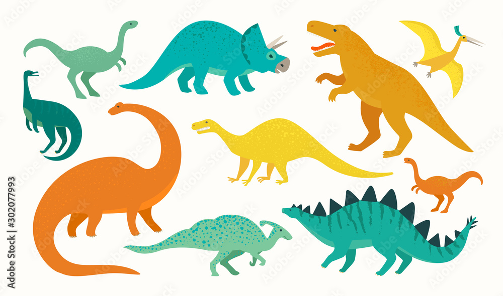 Naklejka Zestaw kreskówka dinozaur. Kolekcja ikon ładny dinozaurów. Kolorowe drapieżniki i zwierzęta roślinożerne. Płaskie wektor ilustracja na białym tle.