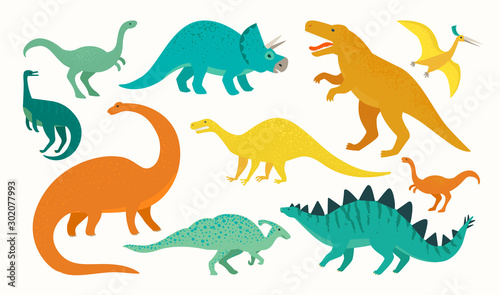 Cartoon dinosaur set. Cute dinosaurs icon collection. Colored predators and herbivores. Flat vector illustration isolated on white background. © Angelina Bambina