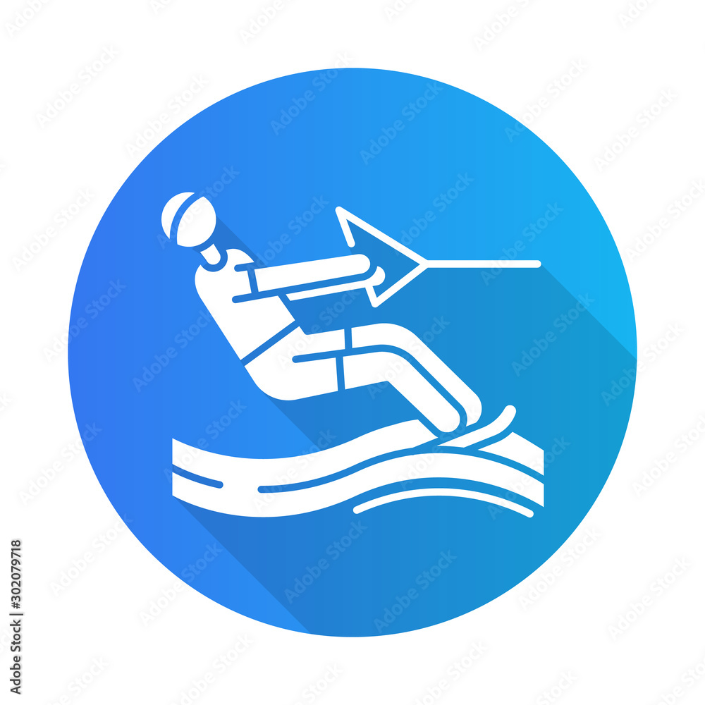Water skiing blue flat design long shadow glyph icon.Surface watersport. Summer leisure and dangerous hobby. Extreme kind of sport. Man wakeboarding. Vector silhouette illustration