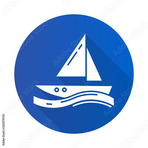 Sailing blue flat design long shadow glyph icon. Watersport, aummer extreme kind of sport. Yachting, swimming and navigation. Voyage, boat on ocean waves. Vector silhouette illustration