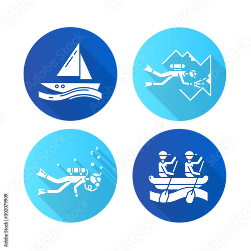 Watersports flat design long shadow glyph icons set. Cave diving, sailing and rafting. Extreme kinds of sport. Summer vacation beach activities. Diving with scuba gear. Vector silhouette illustration
