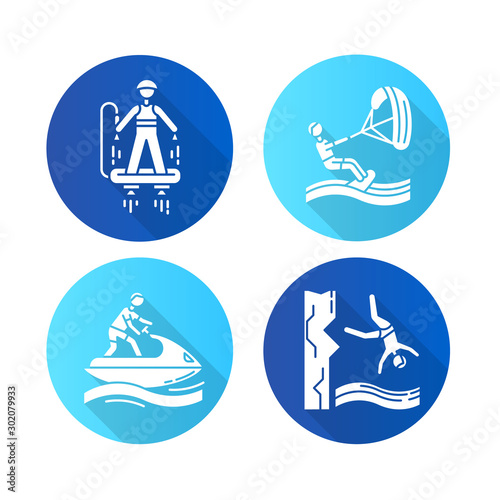 Watersports flat design long shadow glyph icons set. Flyboarding, kiteboarding, cliff diving and jetskiing. Extreme kinds of sport. Ocean and sea beach leisure.Vector silhouette illustration