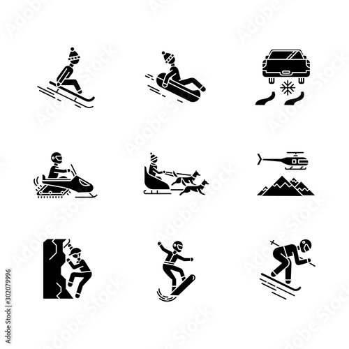 Extreme winter activity glyph icons set. Risky sport, adventure. Cold season outdoor leisure. Snowmobiling, ice climbing, sledding, snow tubing. Silhouette symbols. Vector isolated illustration