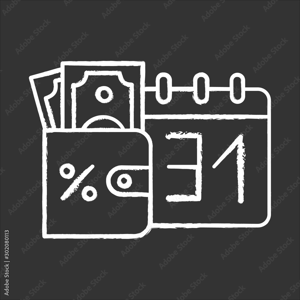 Credit money chalk icon. Payday loan. Currency in wallet. Paying monthly for loan. Tracking percentage rate income. Investment, income. Finances, economy. Isolated vector chalkboard illustration